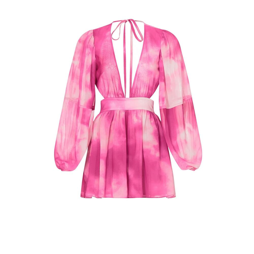 RTR TOCCIN X RTR Pink Tie Dye Romper Sz 2 Open Back Satin Long Sleeve Ruffles - Picture 2 of 12